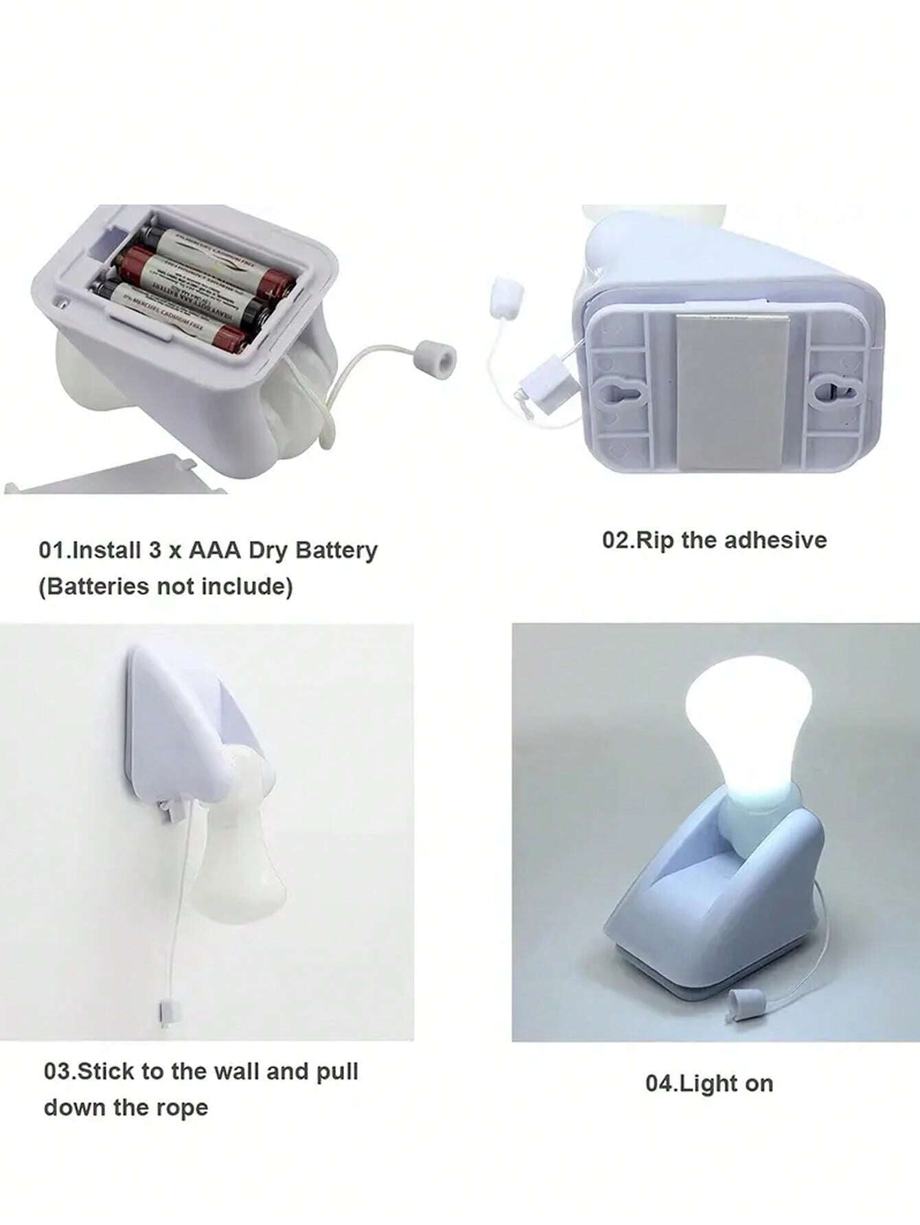 1Pc Portable White Led Bulb, Closet Light, Night Light, Battery Operated Wall Light with Pull Chain, Self-Adhesive Cabinet Light for Study/Bathroom/Bedroom