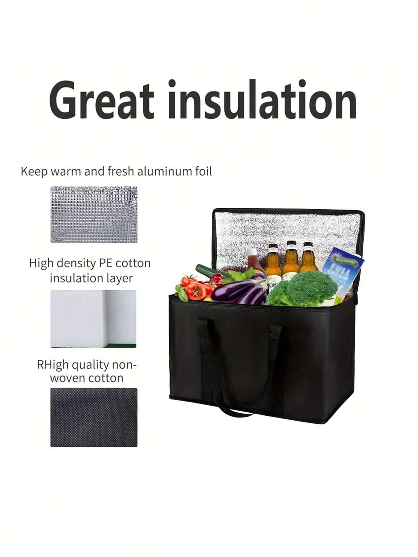 Insulated Grocery Bags Large Capacity Insulation Bag, Reusable Grocery Tote, Soft Cooler Bag, Hot & Cold Takeout or Food Delivery Bag, Lightweight, Sturdy Zipper, Foldable, Stands Upright Portable Summer Travel Holiday School Supplies Camping Equipment for Outdoor and Camping Camping Gear
