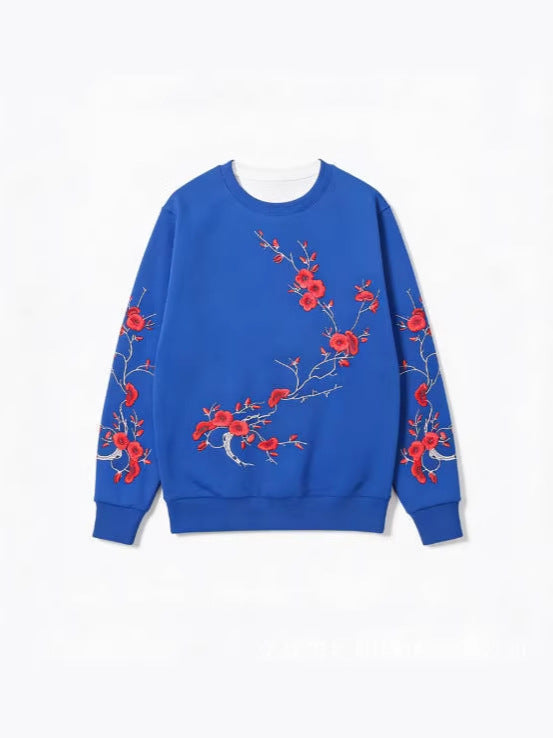 Black-base Red Plum Blossom Branch Print Loose-fitting Crewneck Sweatshirt