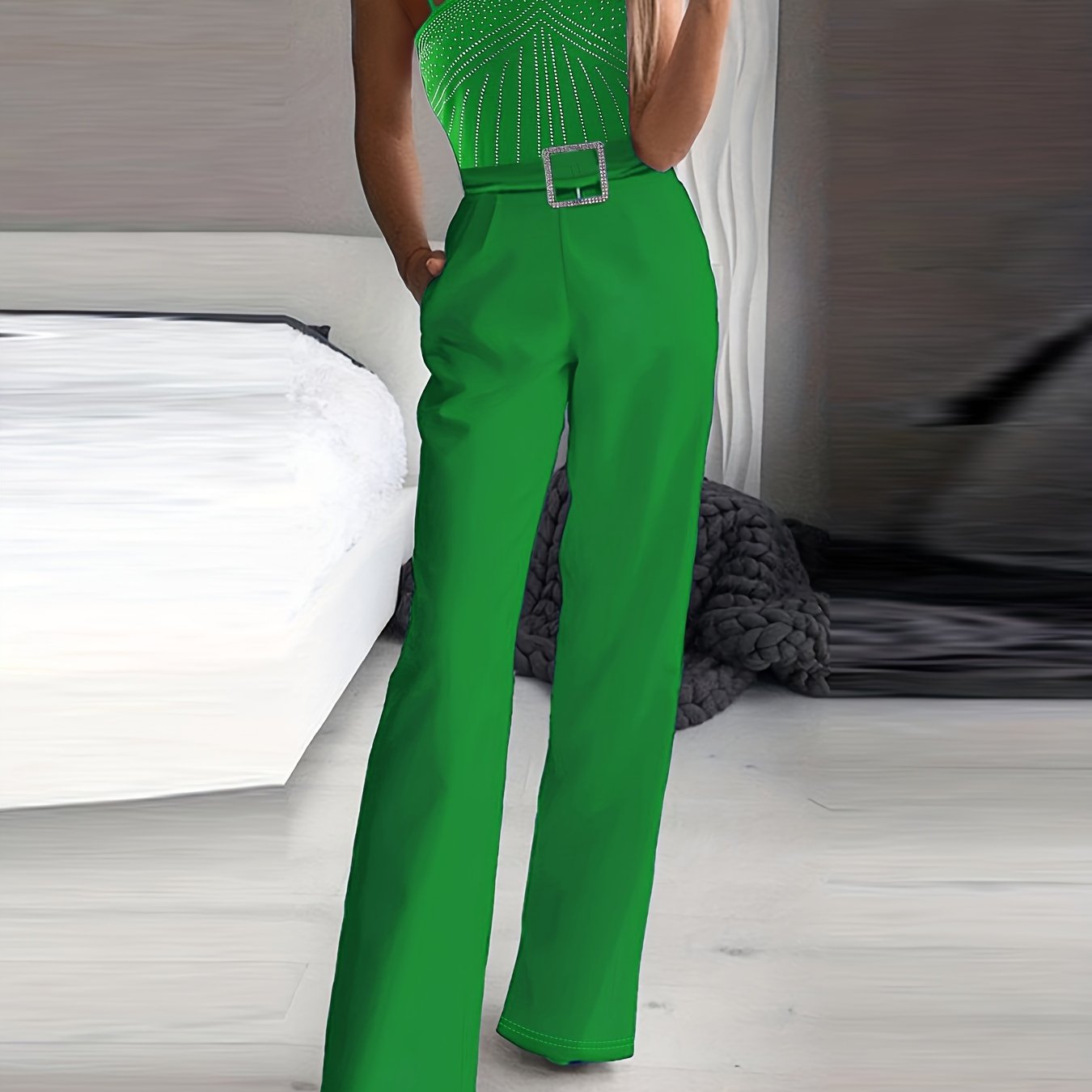 Rhinestone Embellished Wide Leg Jumpsuit - Sleeveless, Halter Neck, Slim Waist, Cut Out, Micro Elasticity, Polyester Fabric - Hand Wash, Summer Casual Wear for Women