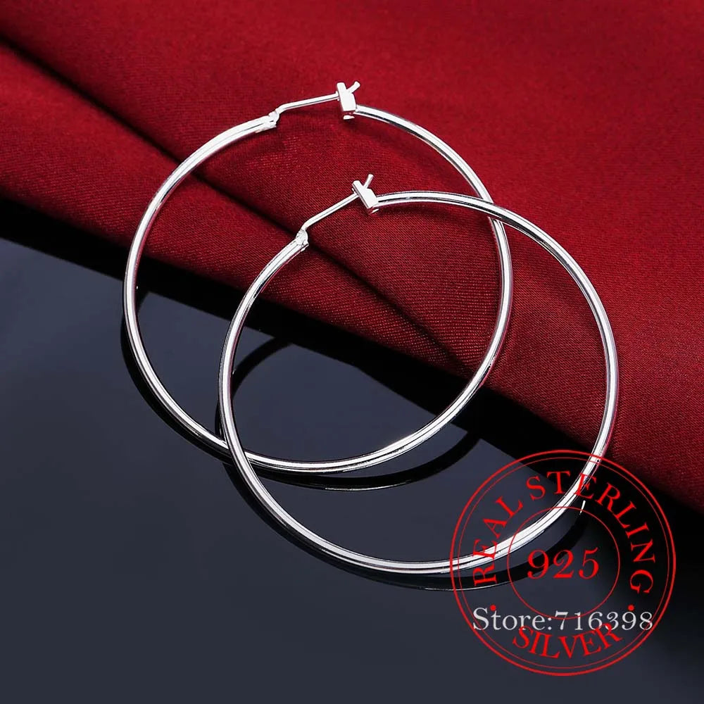 100% 925 Sterling Silver Hoop Earrings – Korean Smooth Big Circle Vintage Style for Women, Party & Wedding Jewelry Gift