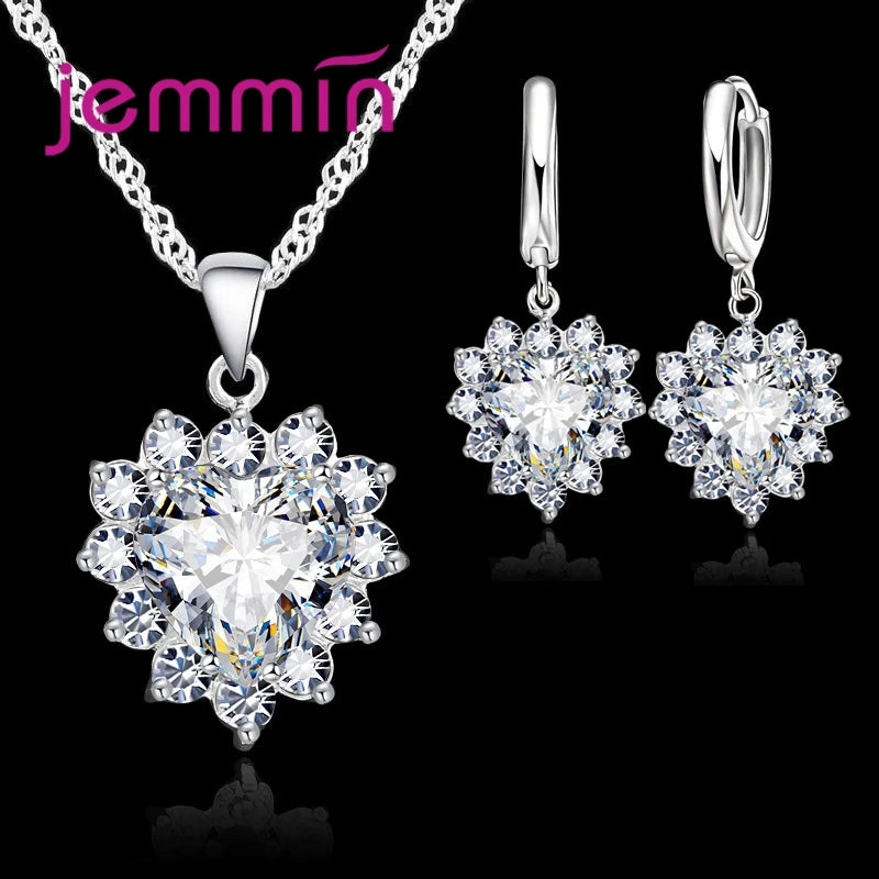 Solid 925 Silver Color Wedding Engagement Anniversary Gift Jewelry Sets Heart Pendant Hoop Earrings for Women Girls