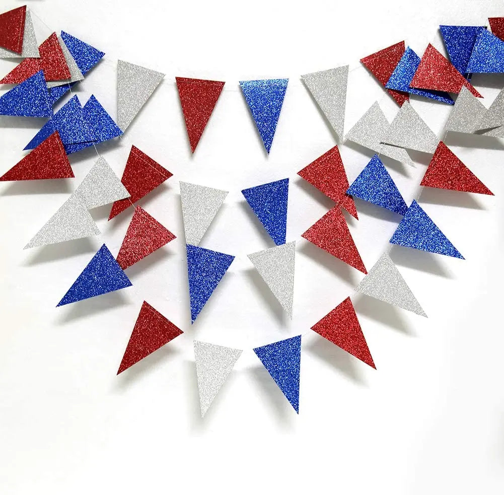 Fourth of July Glitter Star Garland – Red, Blue, Silver & White Triangle Banner for Independence Day Decor