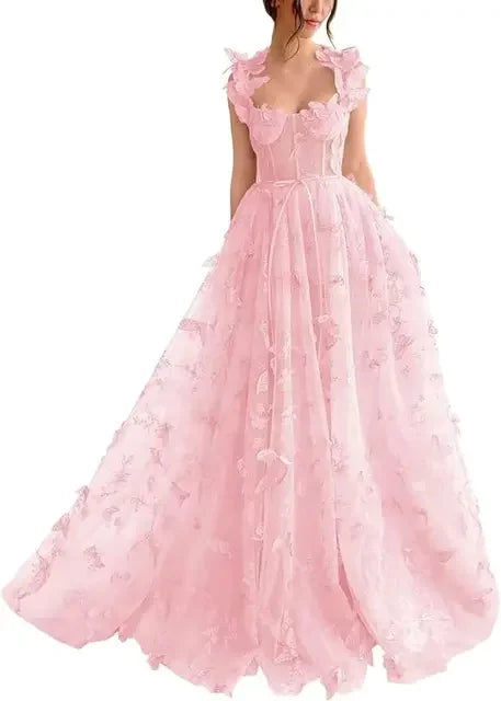 Elegant Corset Evening Gown with Tulle Skirt & 3D Butterfly Appliqués