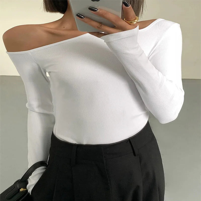 Womens Skew Collar Off-shoulder Long-sleeved Slim Fit Top