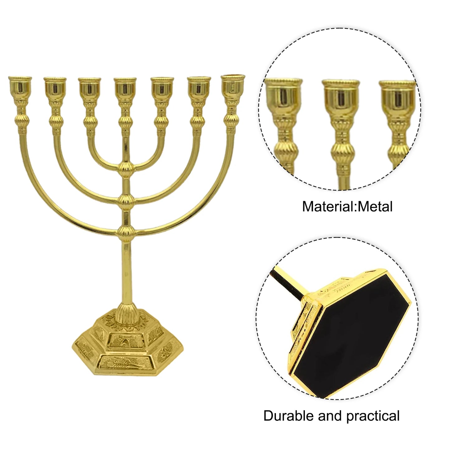 7‑Branch Menorah Candle Holder – Jerusalem Temple Design, 12 Tribes, Antique Hanukkah Stand (6.69”)