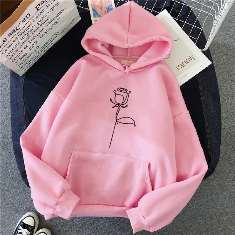 Women's Hoodie Pullover Sweatshirt Stylish Flower Print With Thick Long Sleeves Tops Loose