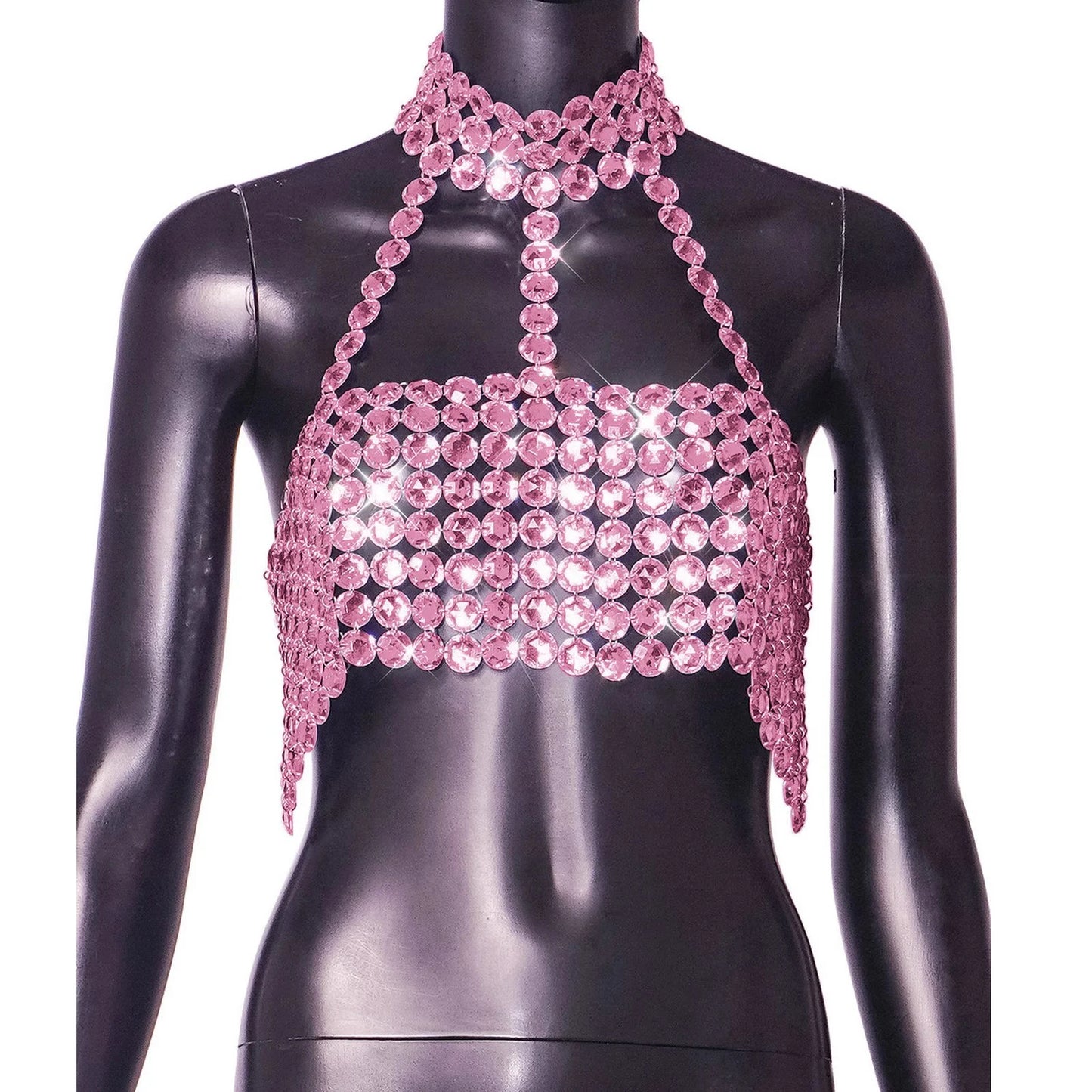 Beyprern Silver Halter Tank Top Glitter Diamonds Bustier Tops Gorgeous Backless Metal Sequin Crop Top Club Vest Festival Outfits