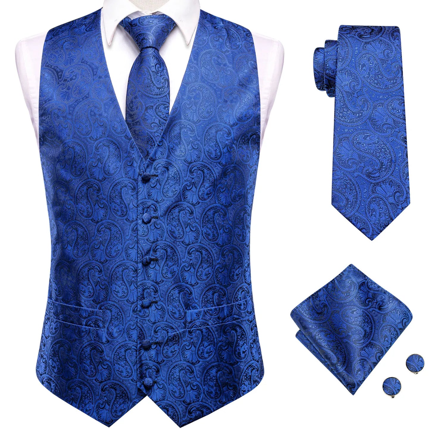 Hi-Tie 20 Color Silk Men's Vests Tie Slim Sleeveless Jacket Hanky Cufflink Waistcoat 4PC Suit