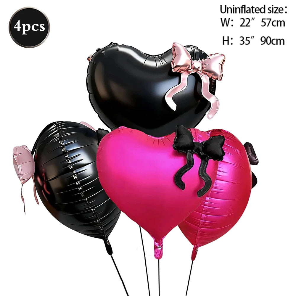 22inch Pink Red Black Heart Shaped Foil Balloons with Bow Valentines Day Wedding Party Decorations Birthday Baby Shower Supplies