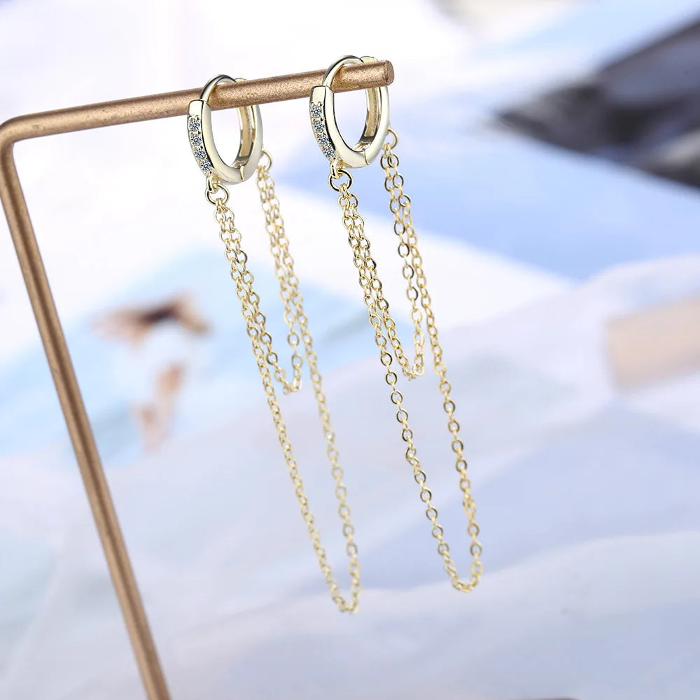 Bohemia Heartstringing Long Tassel Hoop Earrings Two-Row Chain Crystal Dangle Earring Small Hoops Charming Earring Jewelry Gifts