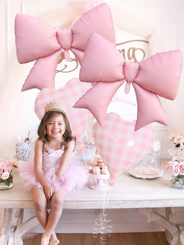 4pcs Pink Bow and Plaid Heart Balloon Set for Birthday , Bridal Gifts, Weddings, Engagements, Anniversaries Decoration