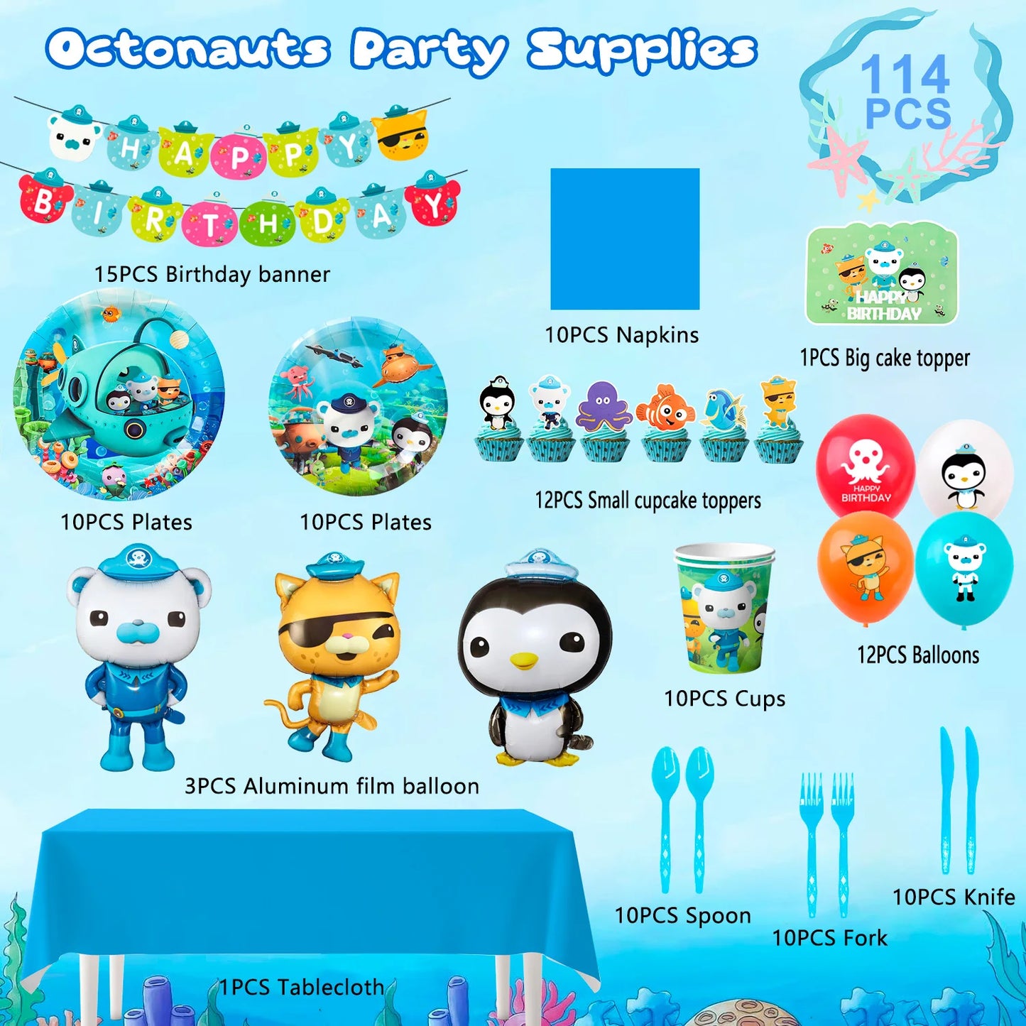 114‑Pcs Octonauts Party Kit – Plates, Napkins, Tablecloth, Balloons & More