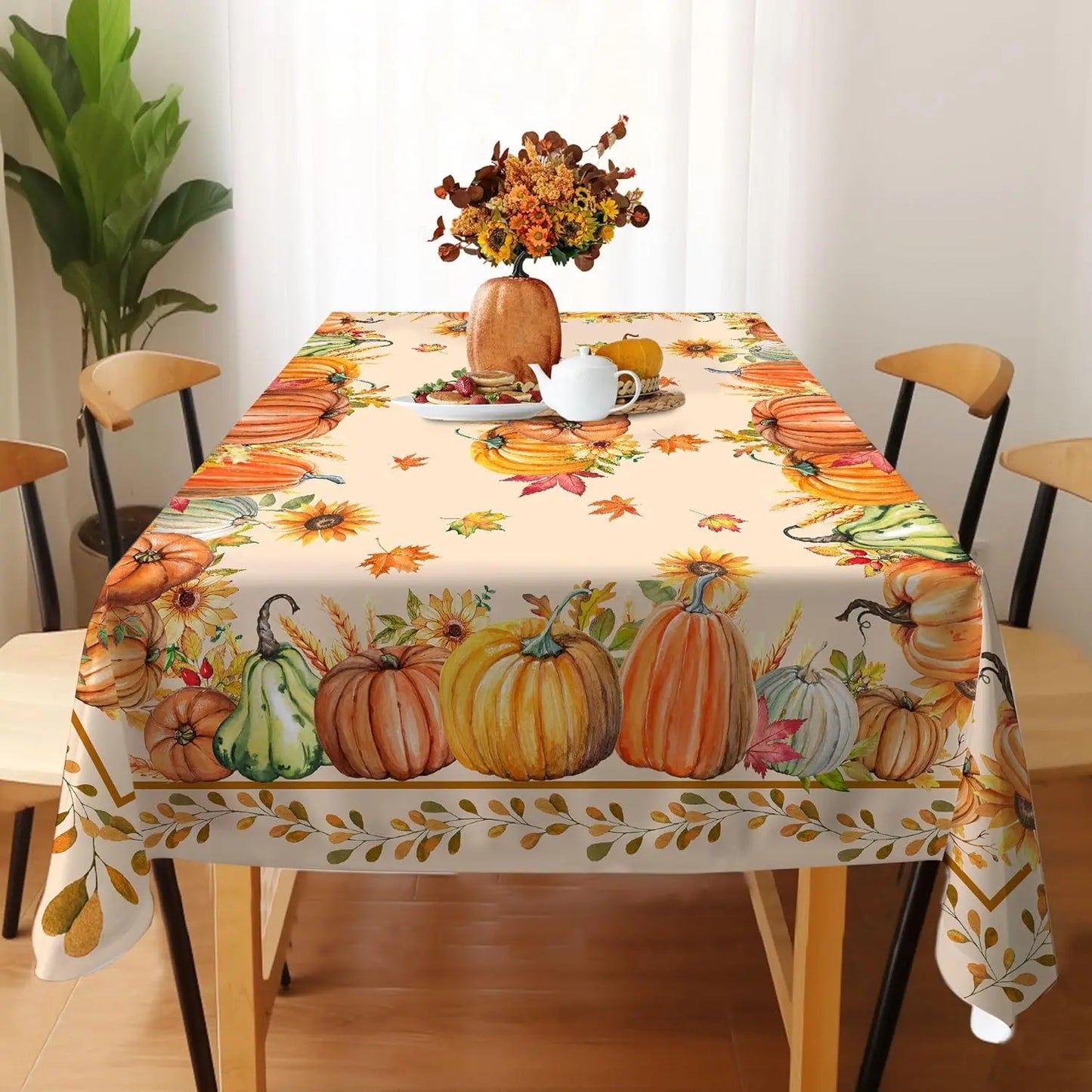 Fall Thanksgiving Rectangle Tablecloths Autumn Watercolour Pumpkin Maple Leaf Table Cover for Home Party Dining Room Table Decor