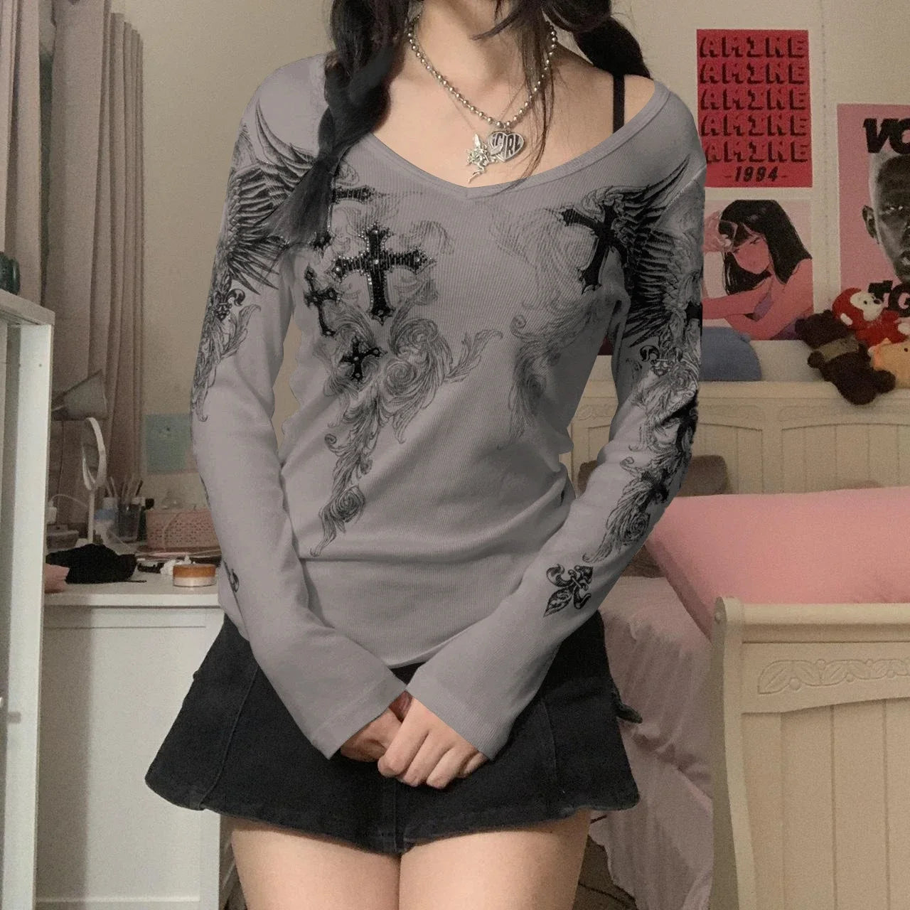 Graphic Long‑Sleeve Tee – Women’s Grunge Fairy Punk Harajuku 2000s Streetwear Top