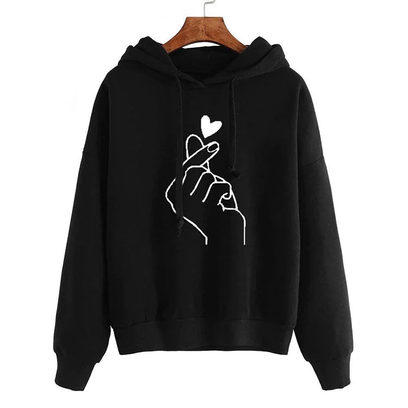 Korean‑Style Fleece Hoodie – Solid Color Finger‑Heart Design, Cozy Autumn Long‑Sleeve Sweatshirt with Pockets