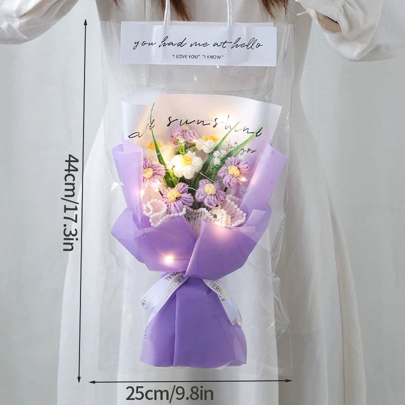Crochet Flower Bouquet Mother's Day Gifts with LED Light String Hand Knitted Flowers Graduation Artificial Flowers Decor
