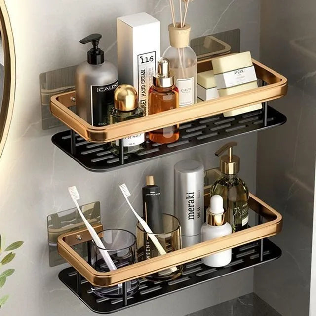 Luxury Bathroom Shelves Without Drilling Rustproof Aluminum Shower Wall Shelf Shampoo Towel Holder Bathroom Organizer Accessorie