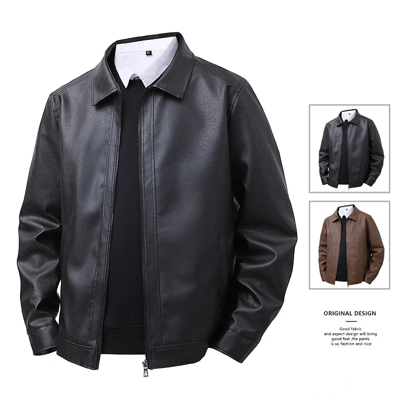 Men’s Slim Fit Leather‑Look Jacket – Spring Lapel Casual Windbreaker