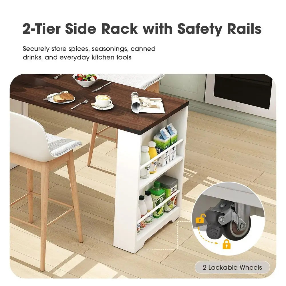 Extendable 76” Kitchen Island Cart — Power Outlet, Spice Rack, 2 Stoppers