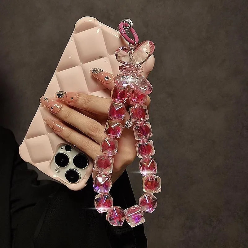 Shinning Bracelet Crystal Acrylic Butterfly Phone Charms Hanging Wrist Strap Mobile Phone Lanyard