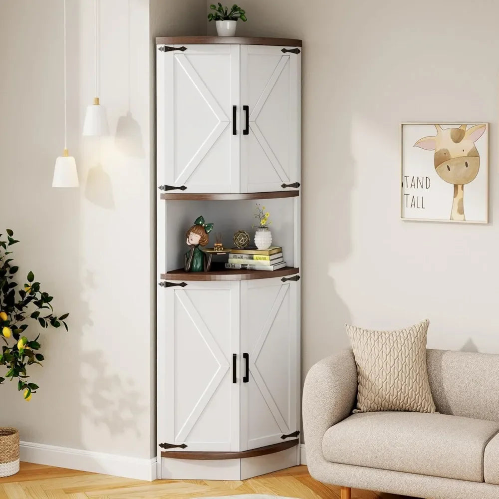 64.8" Farmhouse Corner Cabinet with Barn Doors, 5 Shelves for Kitchen Living Room Storage White