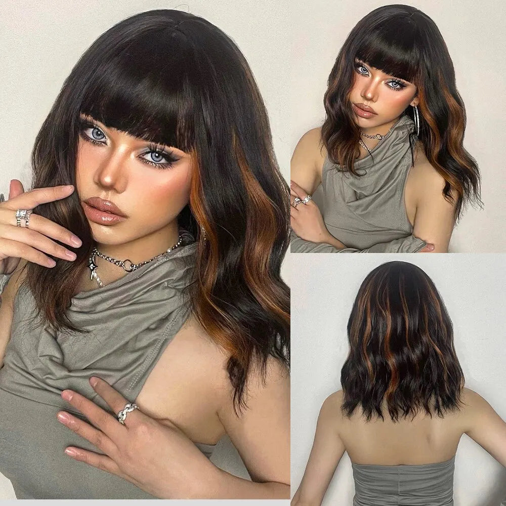 Women Grey Wavy Bob Wigs with Bangs Short Blonde Ombre Synthetic Wig with Dark Roots Natural Hair for Daily Use