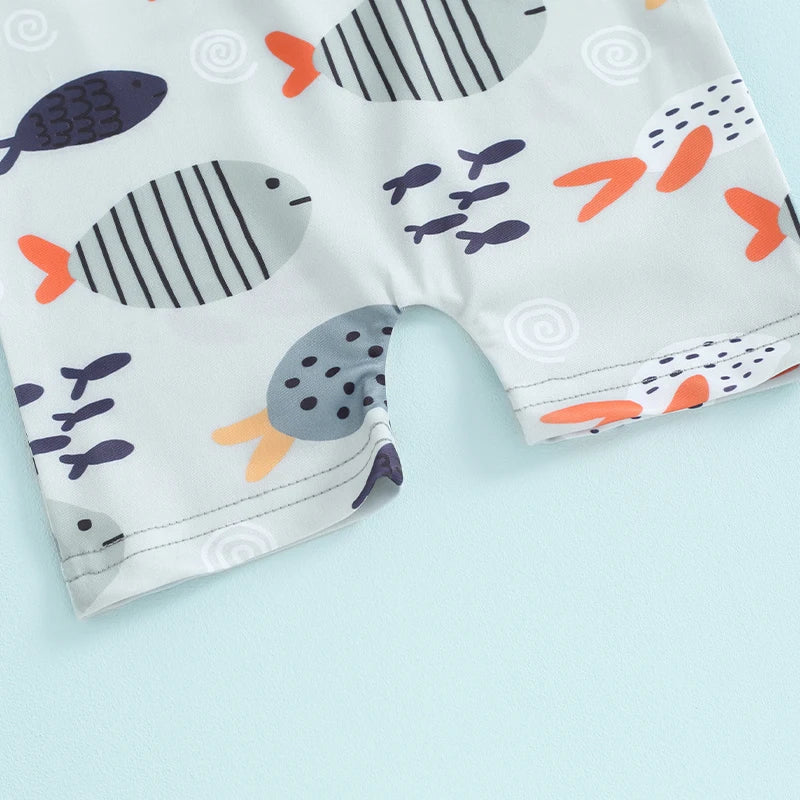 2024-01-04 Lioraitiin Toddler Baby Boys Swimwear Cartoon Fish Print Short Sleeve Swimsuit Zipper Bathing Suits with Swimming Hat