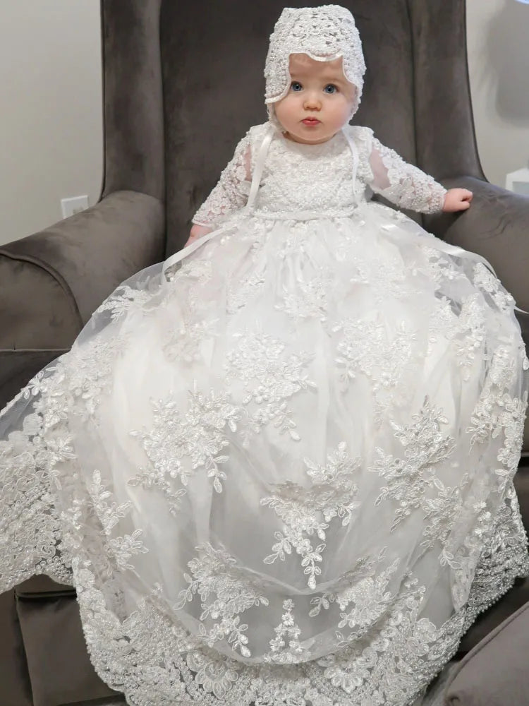 Customized Baby Baptism Dress Flower Girl Dress Pearls Floral Appliques Long Sleeve Wedding Birthday Party Holy Communion Gown