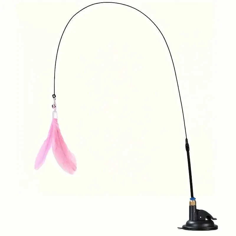 Interactive Bell & Feather Wand Cat Teaser Toy with Long Suction Cup Pole