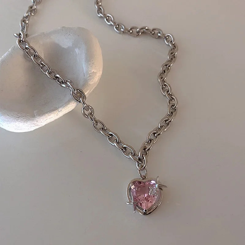 Stylish Pink Heart Necklace Gemstone Pendant Diamonds One Arrow Through Forever Love Designs