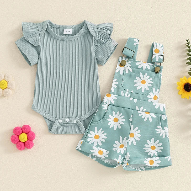0-18months baby Girls summer Shorts Set Short Sleeve Romper Flower Print Suspender Shorts Summer Outfit for Toddler girls
