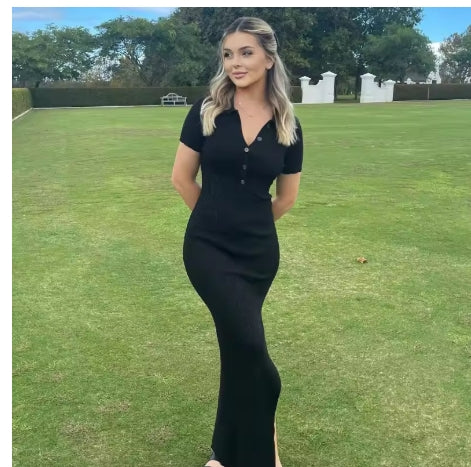Women Fashion Elegant Casual Knit Slim Long Dress Ladies Solid Color Lapel Button-Up Short Sleeve Casual Dress