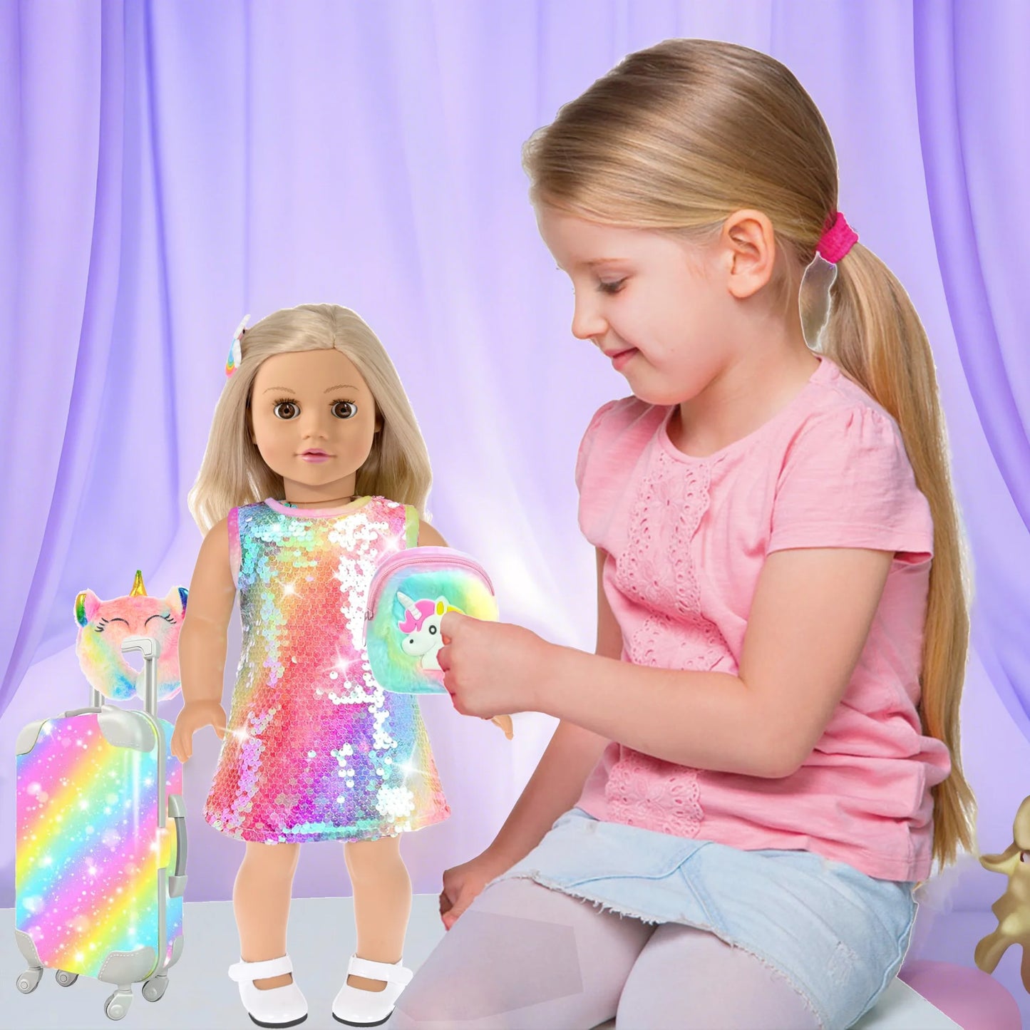 24‑Piece 18" Girl Doll Travel Playset – Clothes, Suitcase, Pillow, Handbag & Accessories (No Doll)