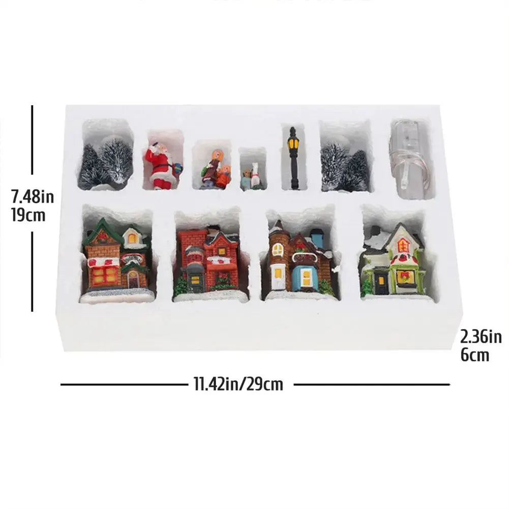12 Pcs Mini Resin Christmas Village Figurines Decoration Set Lighted LED Christmas Winter Village Houses Xmas Winter Decorations
