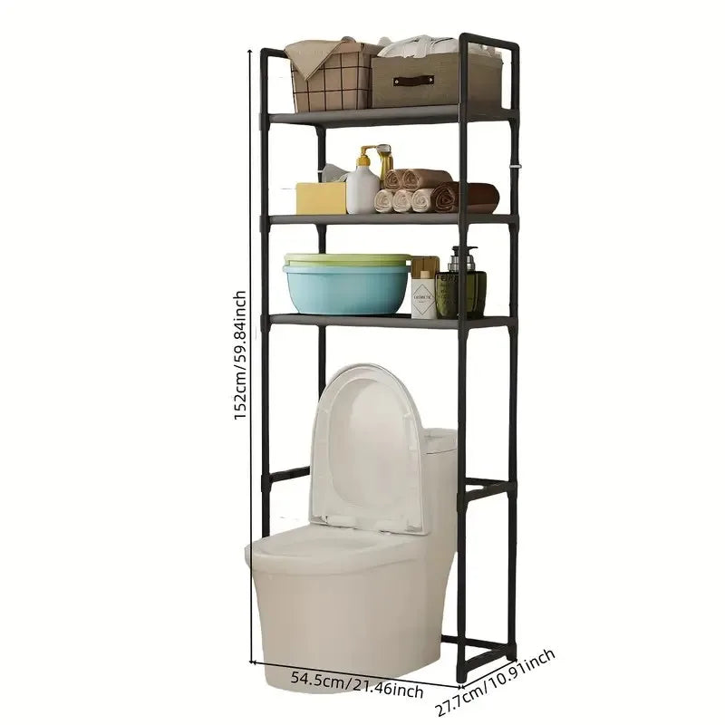 3-Tier Metal Bathroom Rack | Over Toilet Storage Shelf, No Drill Freestanding Organizer with Black Frame