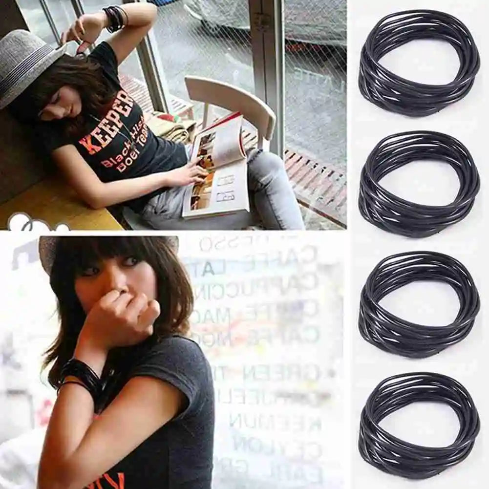 10 Pcs In 1 Bag Black Silicone Rope Bracelets For Men Women Charm Simple Casual Punk Rock Unisex Bracelet Bangles Jewelry