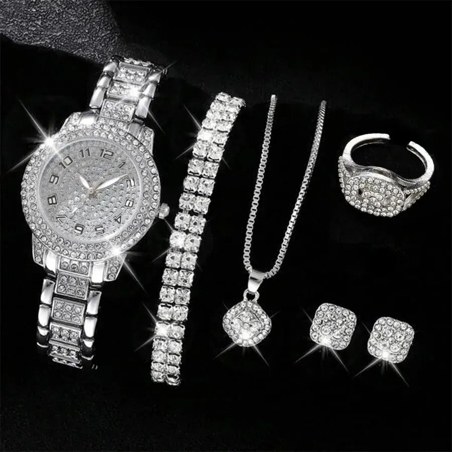 6PCS Women's Luxury Elegant Alloy Crystal Wristwatch, Rhinestone Bracelet, Neckless, Ring