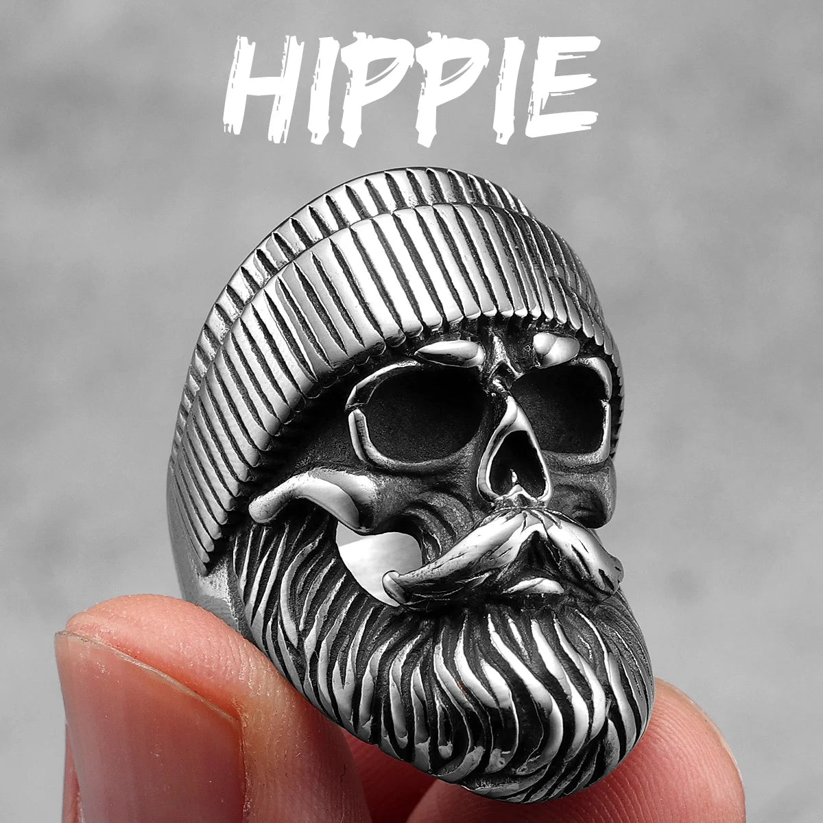 Big Beard Hippie Skull Ring – Stainless Steel Punk Biker Jewelry for Men, Cool Hip‑Hop Style Gift
