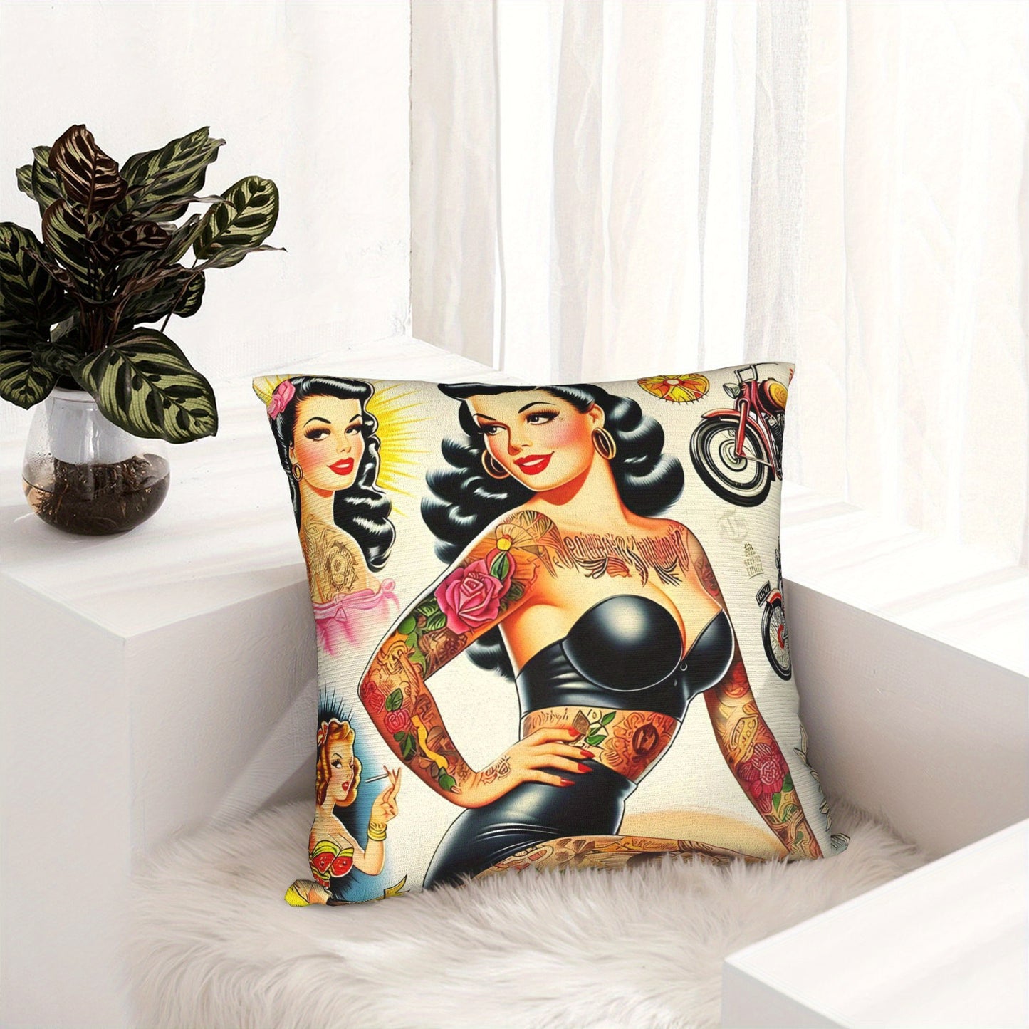 BIIHUDU Hot Tattooed Pin Up Throw Pillowcase - Vibrant Contemporary Design with Zipper Closure, Machine Washable Polyester Cushion Cover for Sofa Decor, Decorative Pillows