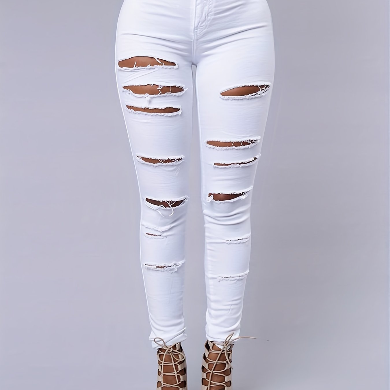 White Ripped Holes Straigh Jeans, Slash Pockets Distressed Non-Stretch Denim Pants, Women's Denim Jeans & Clothing