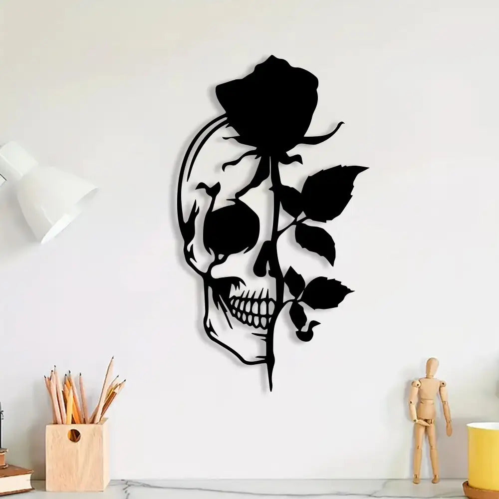 Stainless Sugar Skull Decor - Gothic Metal Wall Art with Intricate Floral & Bone Design, Mexican Day of the Dead (Día de los Muertos) Sign, Retro Gothic Home & Party Decoration for Altars, Collectors - Ornate Skull Sculpture
