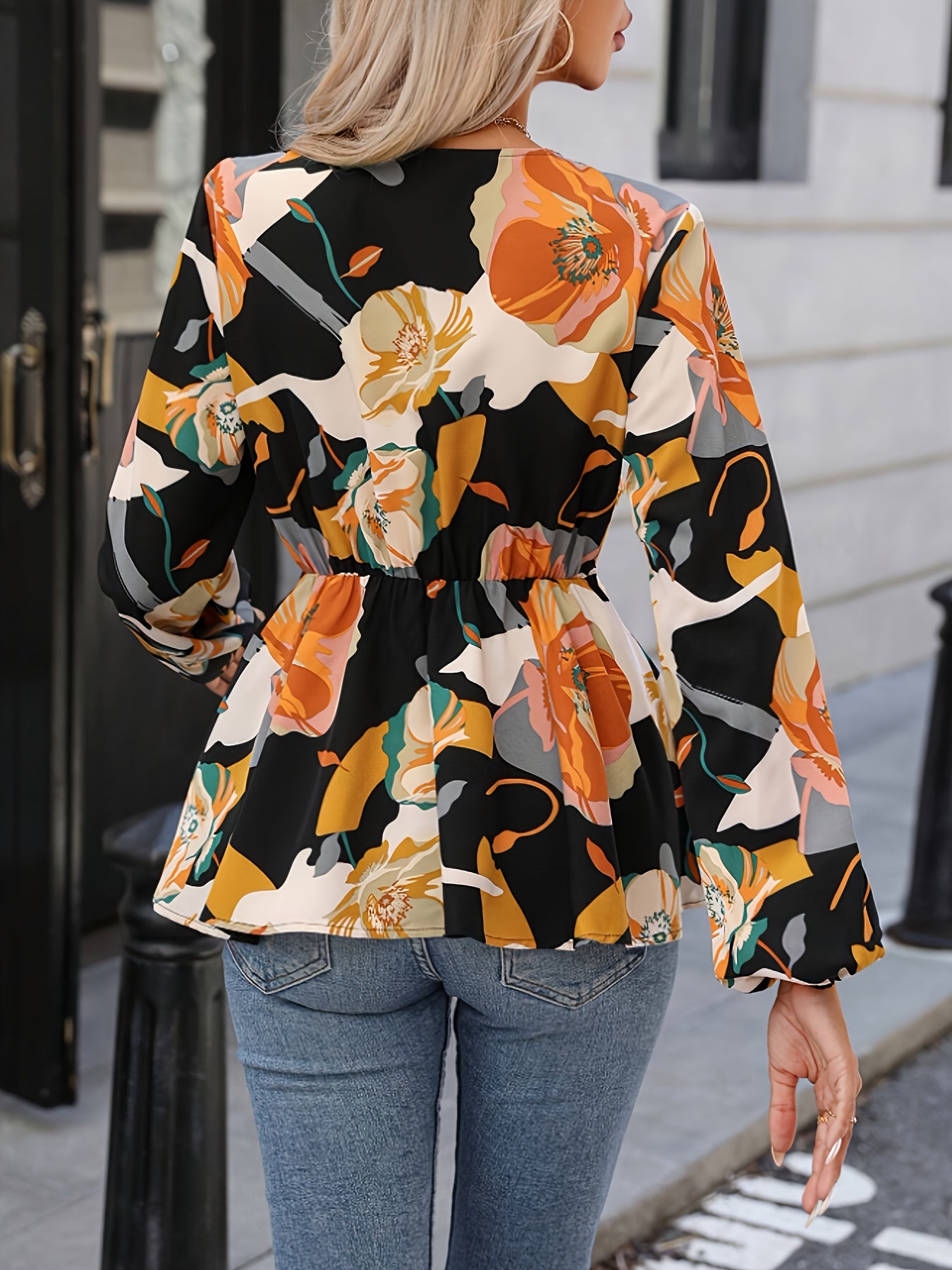 Floral Print Surplice Neck Blouse, Elegant Tie Waist Lantern Sleeve Blouse For Spring & Fall, Women's Clothing