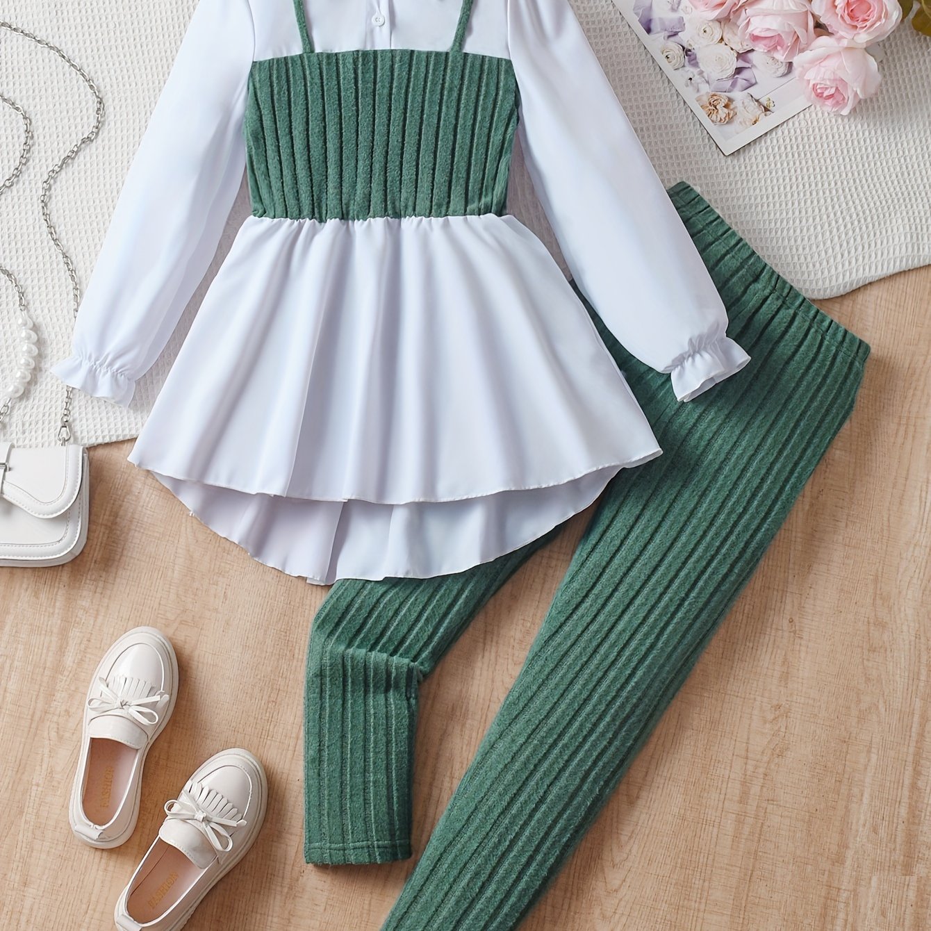 2pcs Solid Color Elegant Long-Sleeve Blouse Top + Comfy Slim Pants Set - Stylish & Casual Outfit for Girls Spring Fall Outdoor Gift