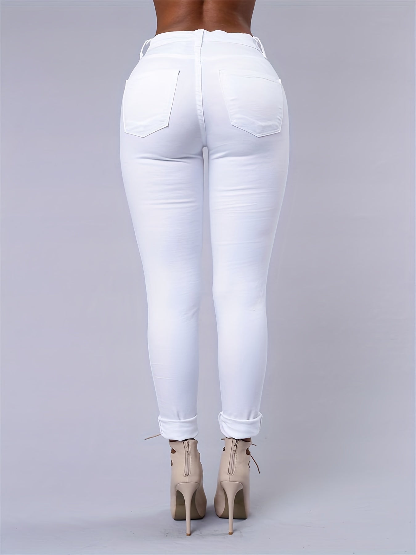 White Ripped Holes Straigh Jeans, Slash Pockets Distressed Non-Stretch Denim Pants, Women's Denim Jeans & Clothing