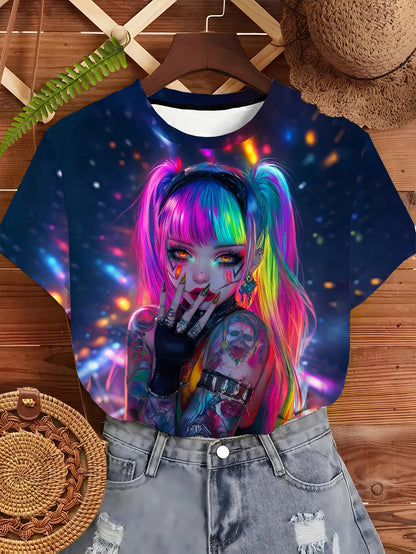 One Piece Round Neck Women'S Short Sleeved Printed T-Shirt | Full Neon Cyber Illustration, Contrasting Hairstyles, Eye-Catching, Avant-Garde Style, Trendy and Cool Attitude, Comfortable Fabric, Suitable for Spring, Summer, Au