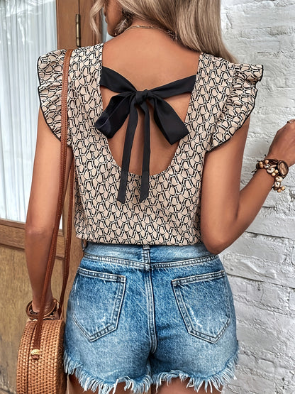 Spring & Summer Chic - Women's Allover Print Backless Tied Blouse with Ruffle Trim - Sleeveless, Casual & Perfect for Sunny Days