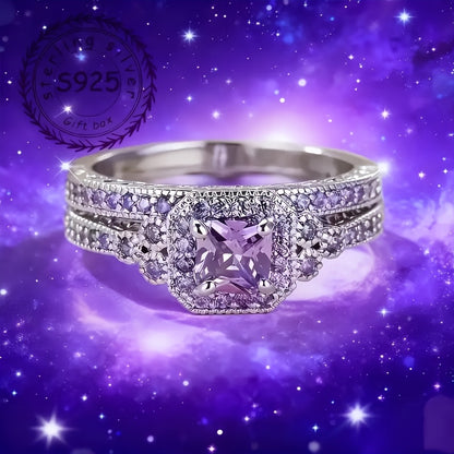2pcs Set 925 Sterling Silvery Wedding Jewelry, Women's Fashion Creative Starry Sky Design Ring, Luxurious EngaSynthetic Gemstoneent Promise Ring Set, Heart-shaped Theme, Ideal for Weddings And Gifts