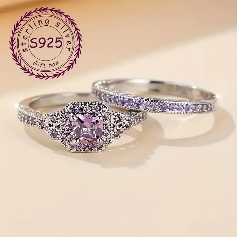 2pcs Set 925 Sterling Silvery Wedding Jewelry, Women's Fashion Creative Starry Sky Design Ring, Luxurious EngaSynthetic Gemstoneent Promise Ring Set, Heart-shaped Theme, Ideal for Weddings And Gifts