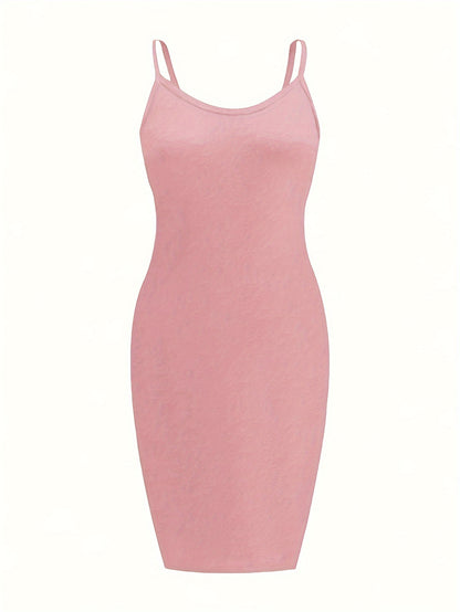 [3 Pack Plus Size Cami Dress] 3 Pack Plus Size Basic Dress Set, Women's Plus Solid Round Neck Medium Stretch Slim Fit Cami Dress Three Piece Set